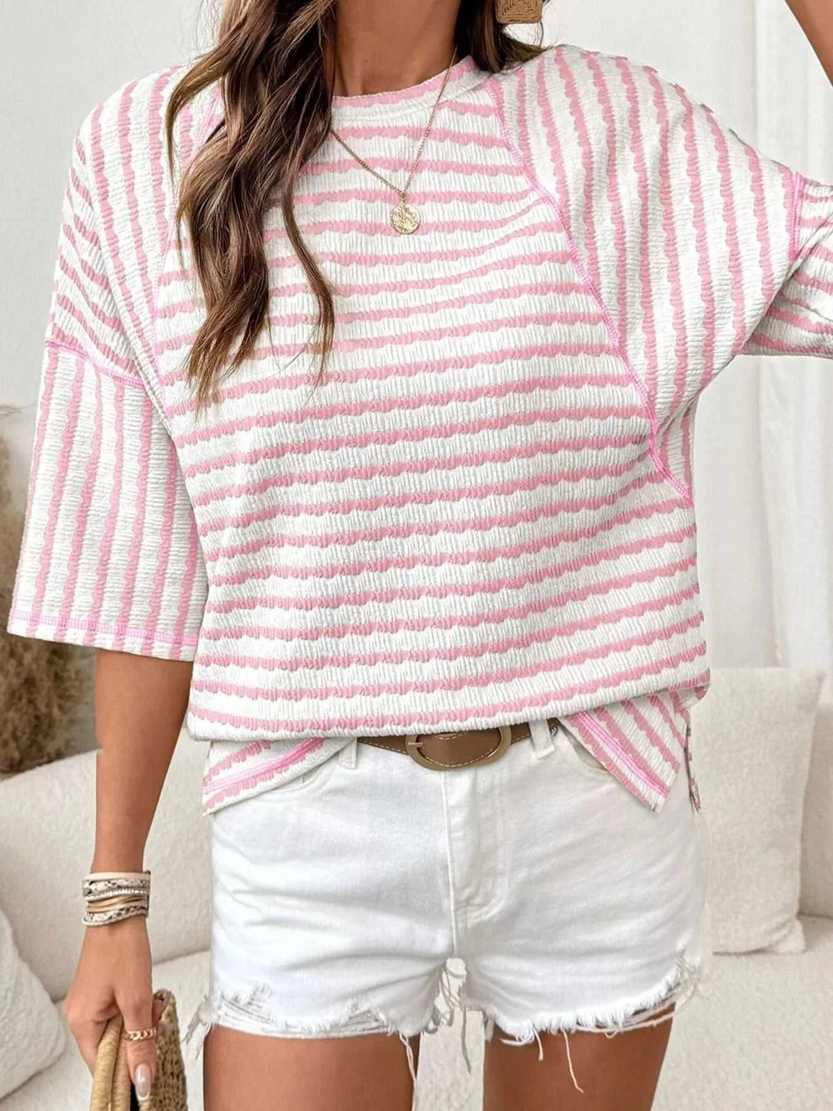 Casual Striped Raglan Sleeve Textured T-Shirt 101001019077269 38 Affordable Fashion Under $100 Jerry's Apparel 