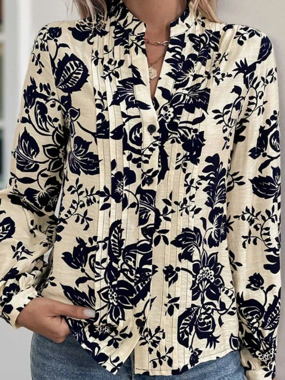 Perfee Printed Notched Long Sleeve Shirt 100100813001238 35 Affordable Fashion Under $100 Jerry's Apparel 