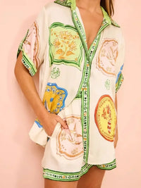 Printed Button Up Shirt and Shorts Set