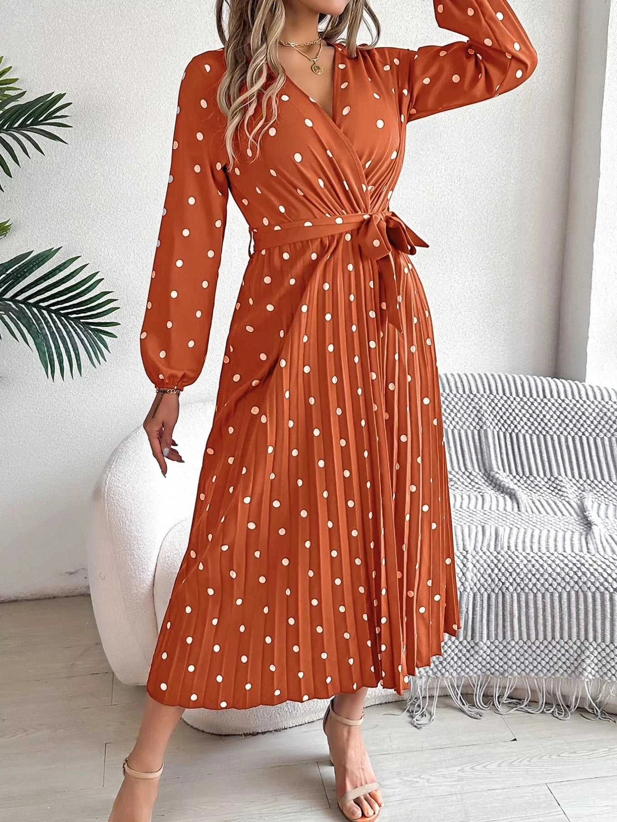 Front Tie Polka Dot Midi Pleated Dress 100100612892124 36 Gifts for Her Jerry's Apparel 
