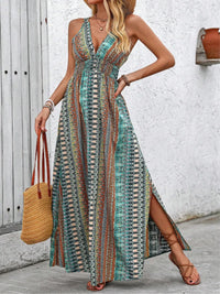 Tied Back Printed Sleeveless Maxi Slit Dress