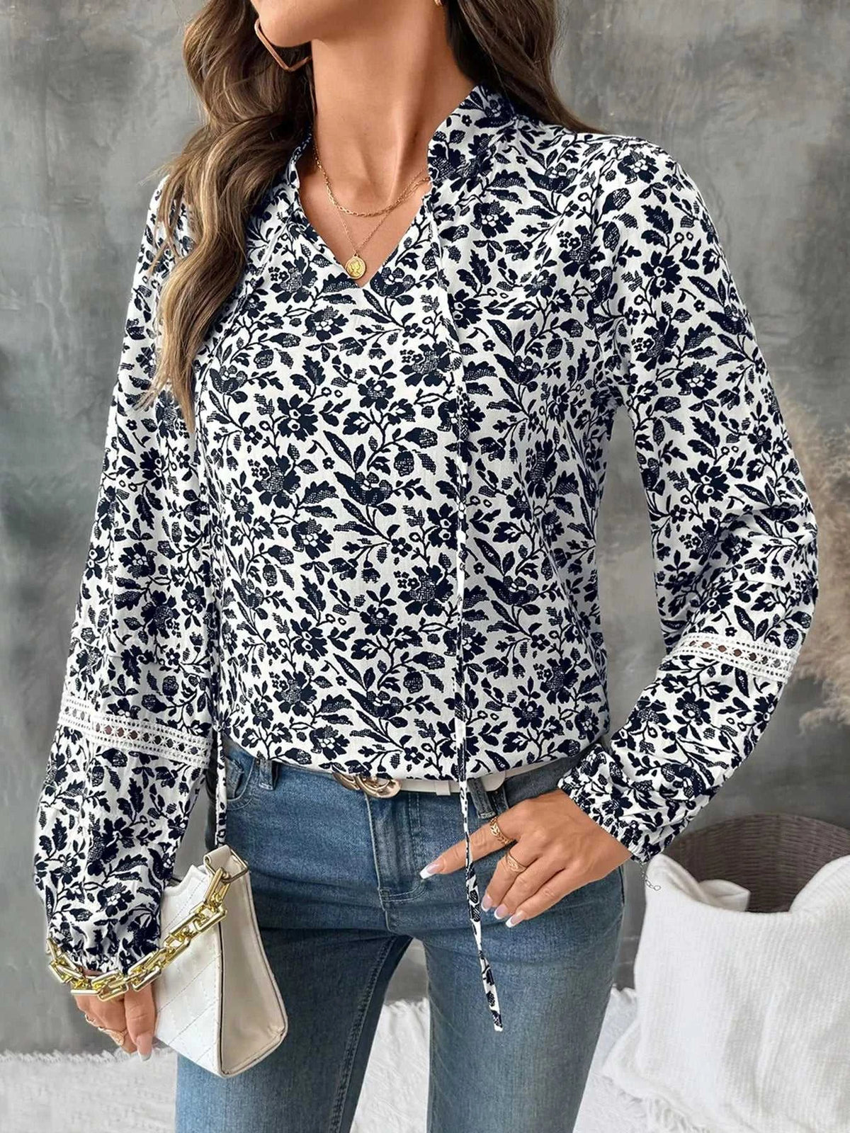 Printed Tie Neck Long Sleeve Blouse 100100483446617 35 Affordable Fashion Under $100 Jerry's Apparel 