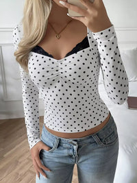 Polka Dot Lace Trim Ruched Long Sleeve T-Shirt 101001475133532 33 Affordable Fashion Under $100 Jerry's Apparel 
