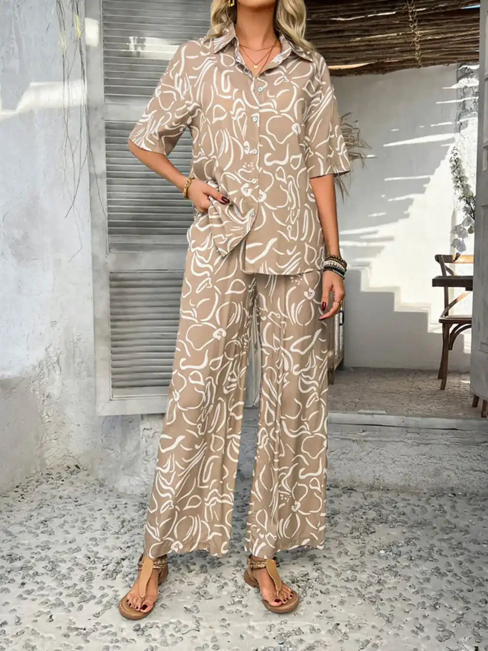 Devine Printed Button Down Shirt and Pants Set 100100774461792 54 Gifts for Her Jerry's Apparel 