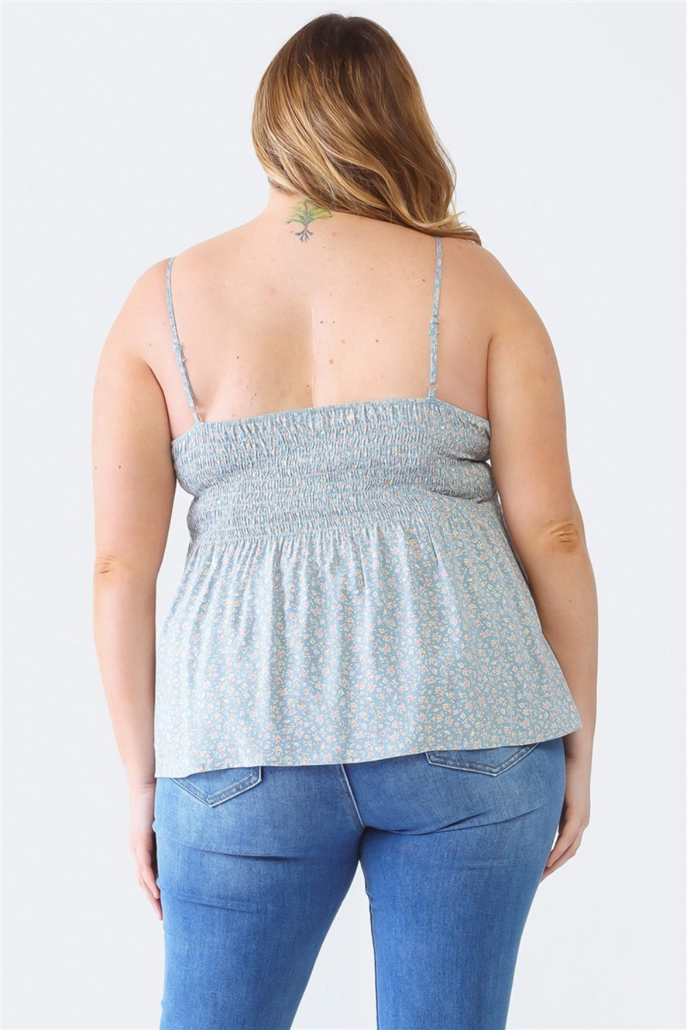 Plus Size Frill Smocked Floral Sweetheart Neck Cami