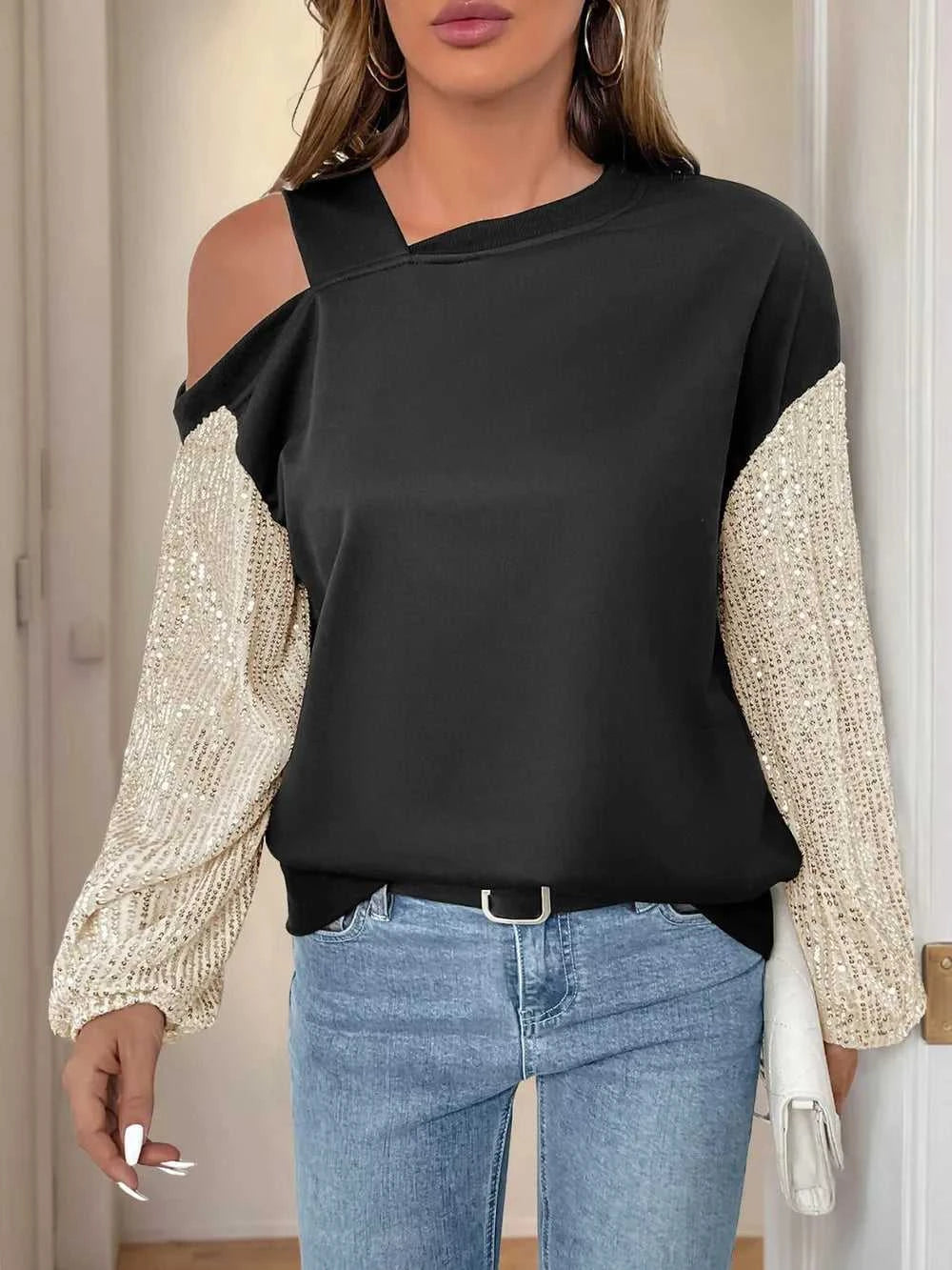 Perfee Sequin Asymmetrical Neck Long Sleeve Sweatshirt 100100251611332 29 Affordable Fashion Under $100 Jerry's Apparel 