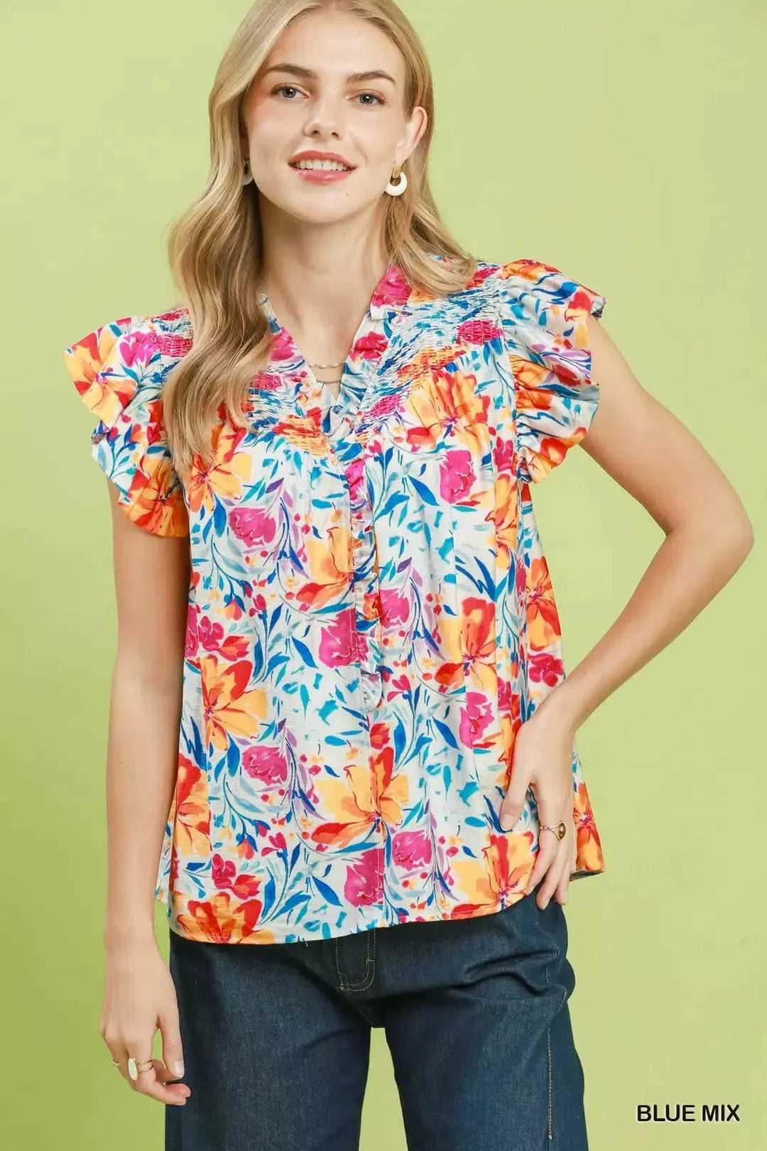 Umgee Smocked Yoke Ruffle Sleeve Floral Blouse 100100164031720 51 Affordable Fashion Under $100 Jerry's Apparel 