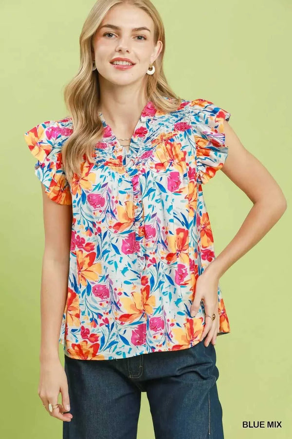 Umgee Smocked Yoke Ruffle Sleeve Floral Blouse 100100164031720 51 Affordable Fashion Under $100 Jerry's Apparel 