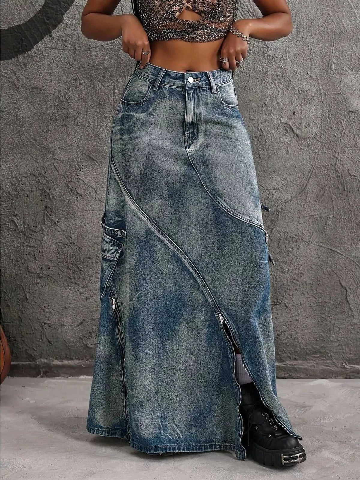 High-Waisted Denim Maxi Skirt with Zipper Slit 101003163311777 55 Affordable Fashion Under $100 Jerry's Apparel 