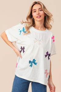 Bow Patch Sequin Short Sleeve T-Shirt