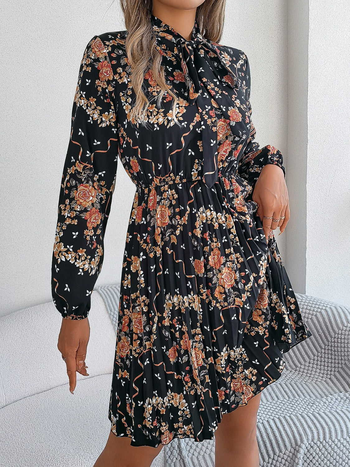 Pleated Printed Tie Neck Long Sleeve Dress