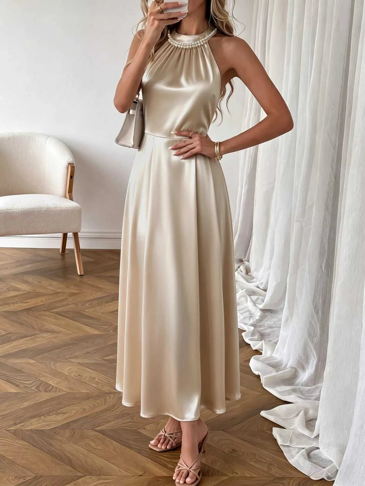 Pearl Halter Satin Midi Dress 100100775646094 37 Affordable Fashion Under $100 Jerry's Apparel 