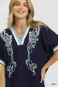 Umgee Embroidered Floral V-Neck Short Sleeve Blouse with Contrast Trim 100100813681836 53 Affordable Fashion Under $100 Jerry's Apparel 