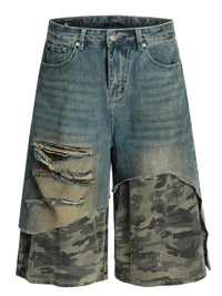 Men's Distressed Camo Patchwork Denim Shorts