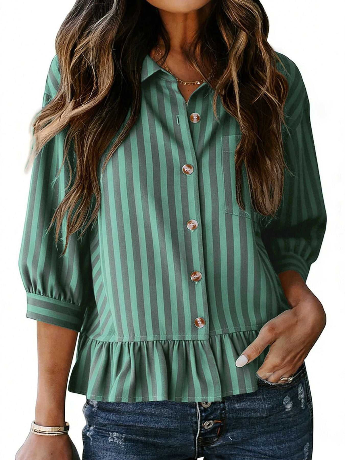 Striped Ruffle Hem Button-Down Shirt 100100634757459 44 Affordable Fashion Under $100 Jerry's Apparel 