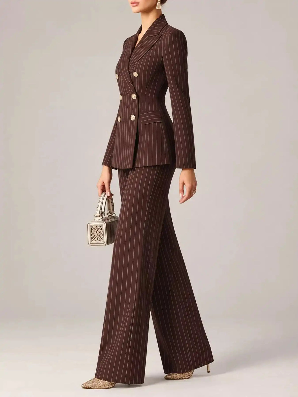 Double-Breasted Pinstripe Blazer and Wide-Leg Pants Set 101001905010997 103 Gifts for Her Jerry's Apparel 