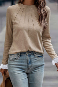 Lace Detail Round Neck Long Sleeve T-Shirt