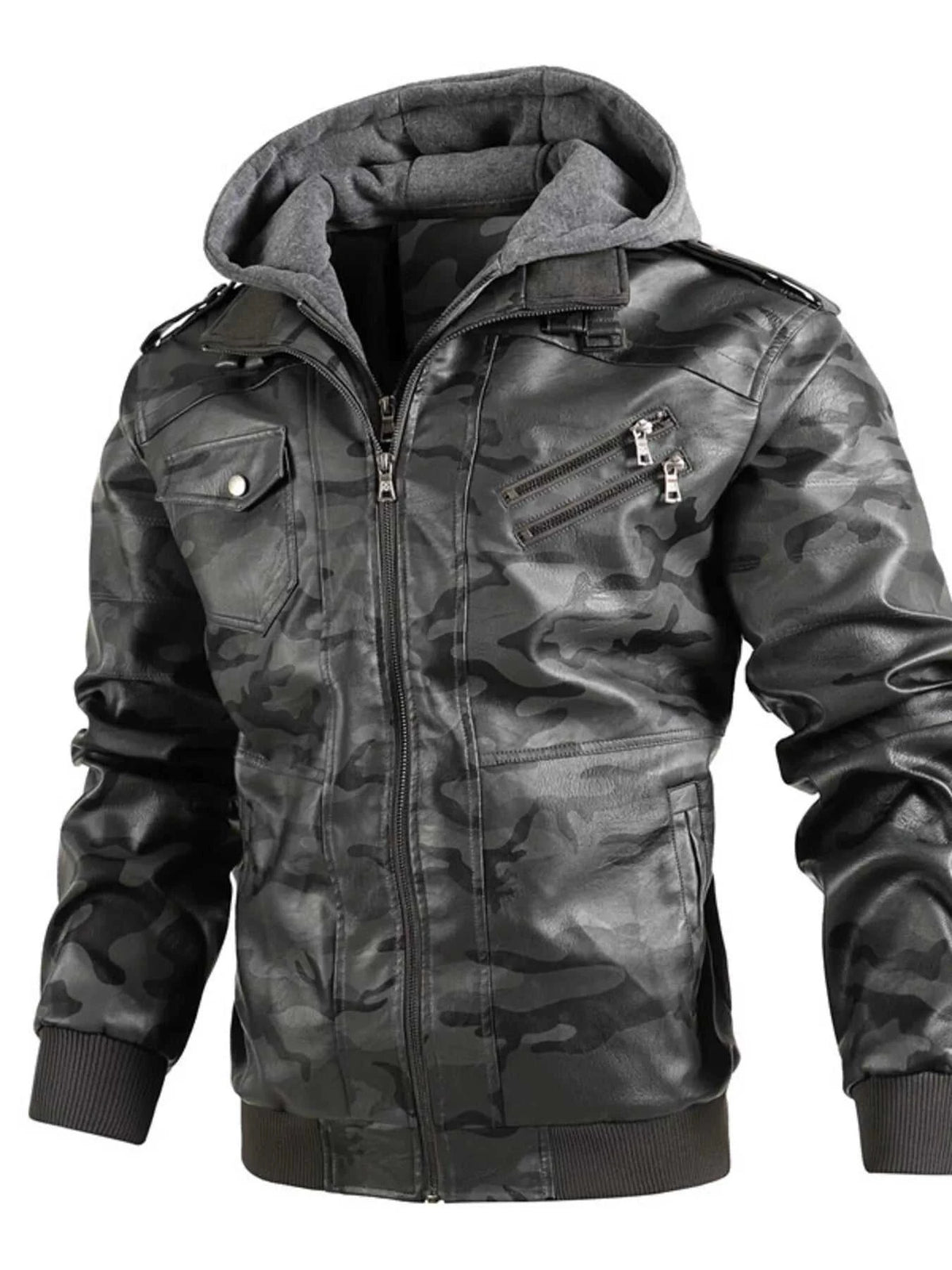 Men's Full Size Camouflage Hooded Faux Leather Jacket Plus Size 100400296121509 96 Affordable Fashion Under $100 Jerry's Apparel 