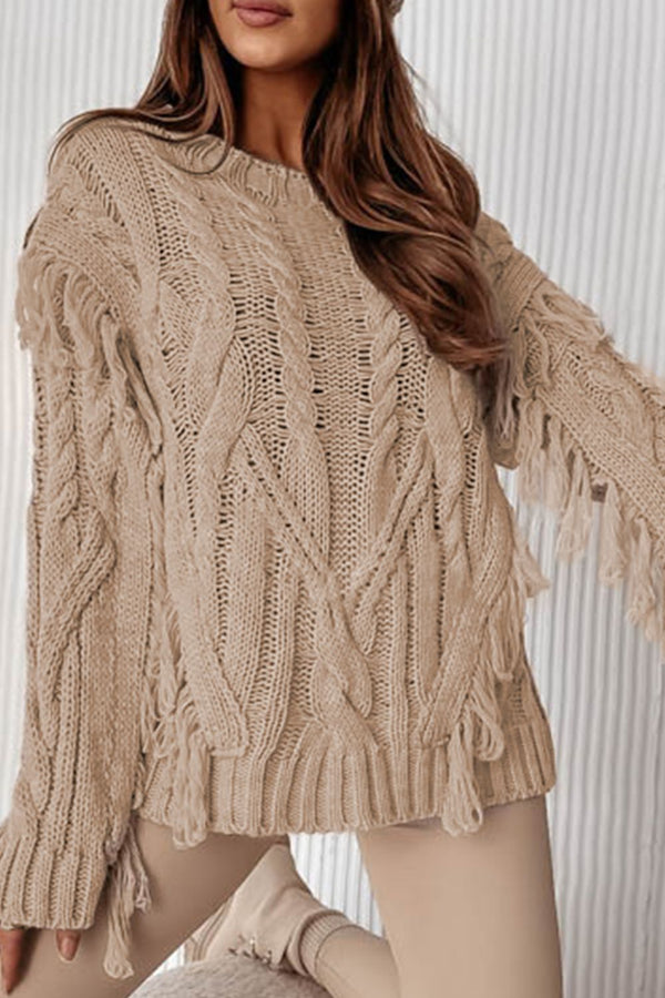 Cable Knit Fringe Round Neck Long Sleeve Sweater