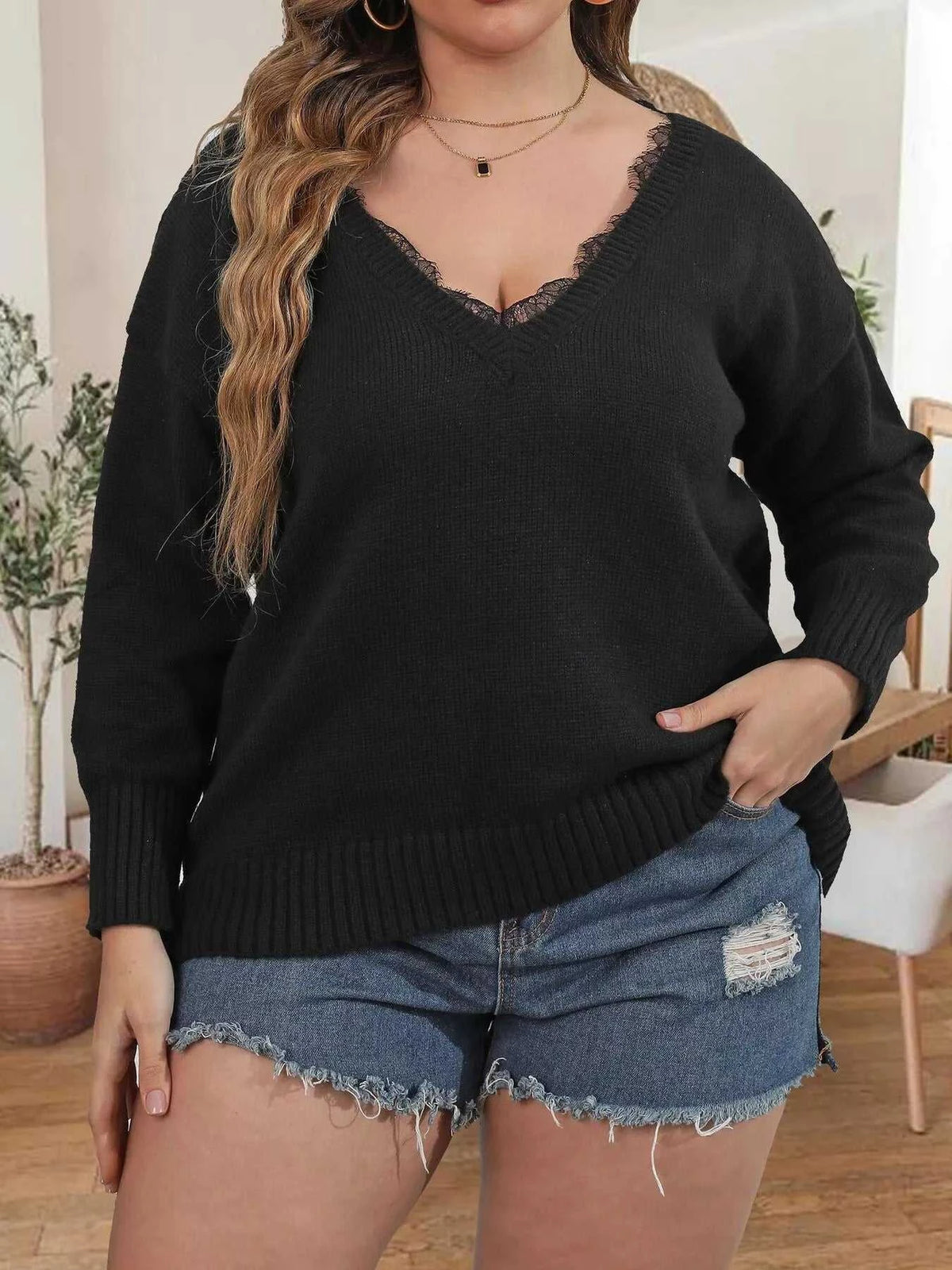 Plus Size Lace Trim V-Neck Sweater 101002554586632 43 Affordable Fashion Under $100 Jerry's Apparel 