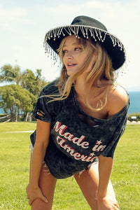 BiBi Laser Cut Mineral Washed America Print Top