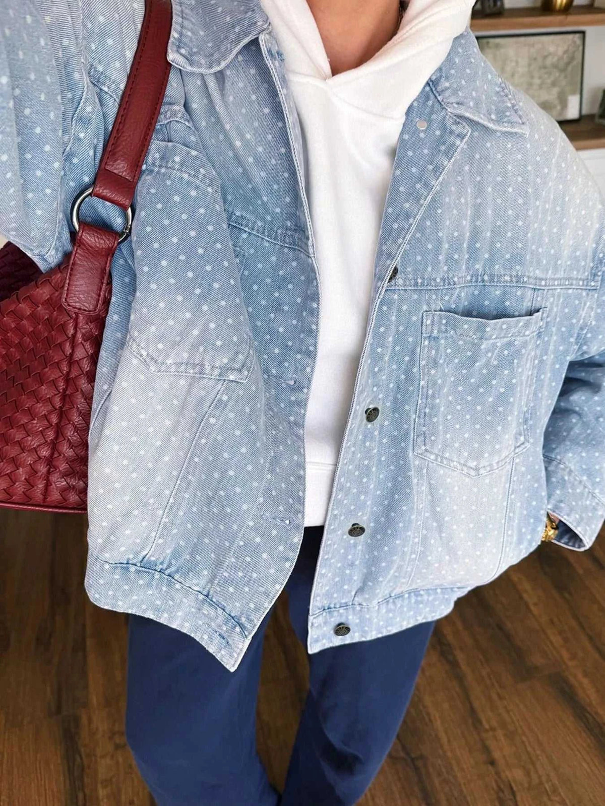 Polka Dot Long Sleeve Collar Pocket Casual Shift Silhouette Denim Jacket 101003100780054 103 Casual Everyday Outfits Women Jerry's Apparel 