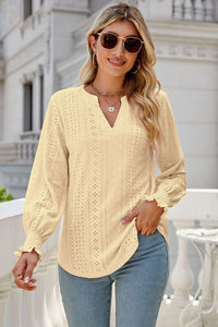 Eyelet Notched Lantern Sleeve T-Shirt