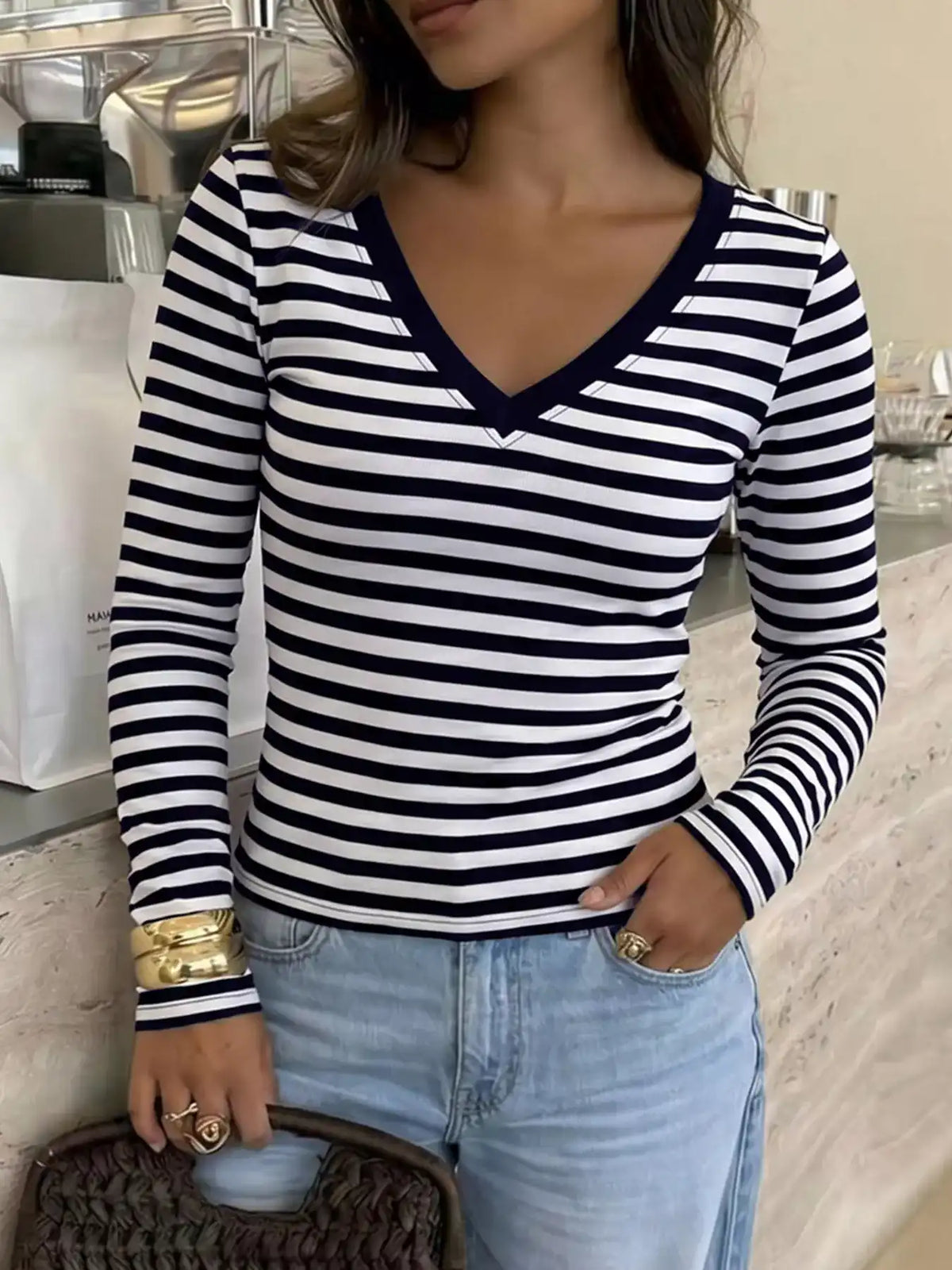 Striped V-Neck Long Sleeve T-Shirt 101001741861809 31 Affordable Fashion Under $100 Jerry's Apparel 