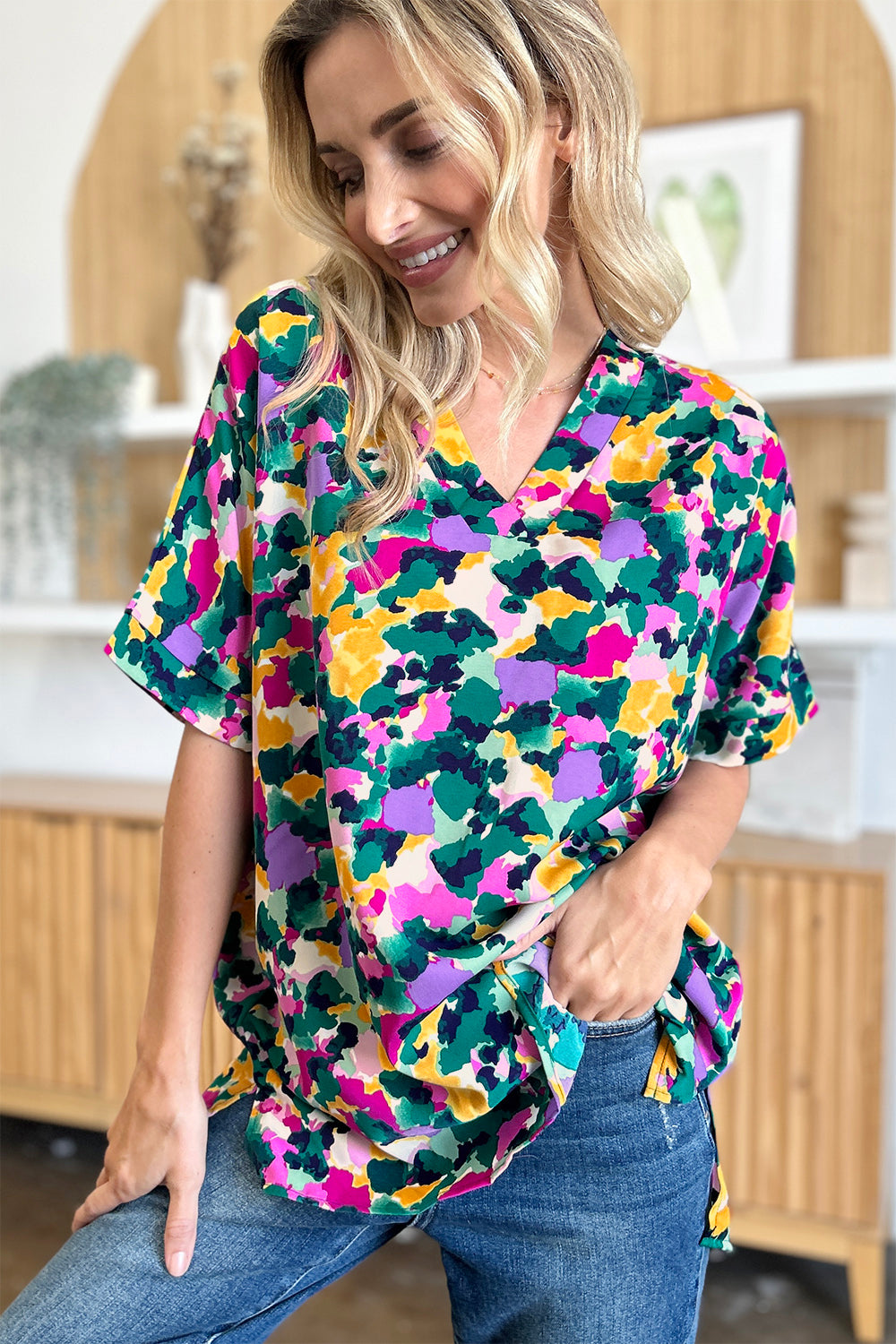 Full Size Printed V-Neck Short Sleeve Blouse