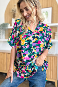 Full Size Printed V-Neck Short Sleeve Blouse