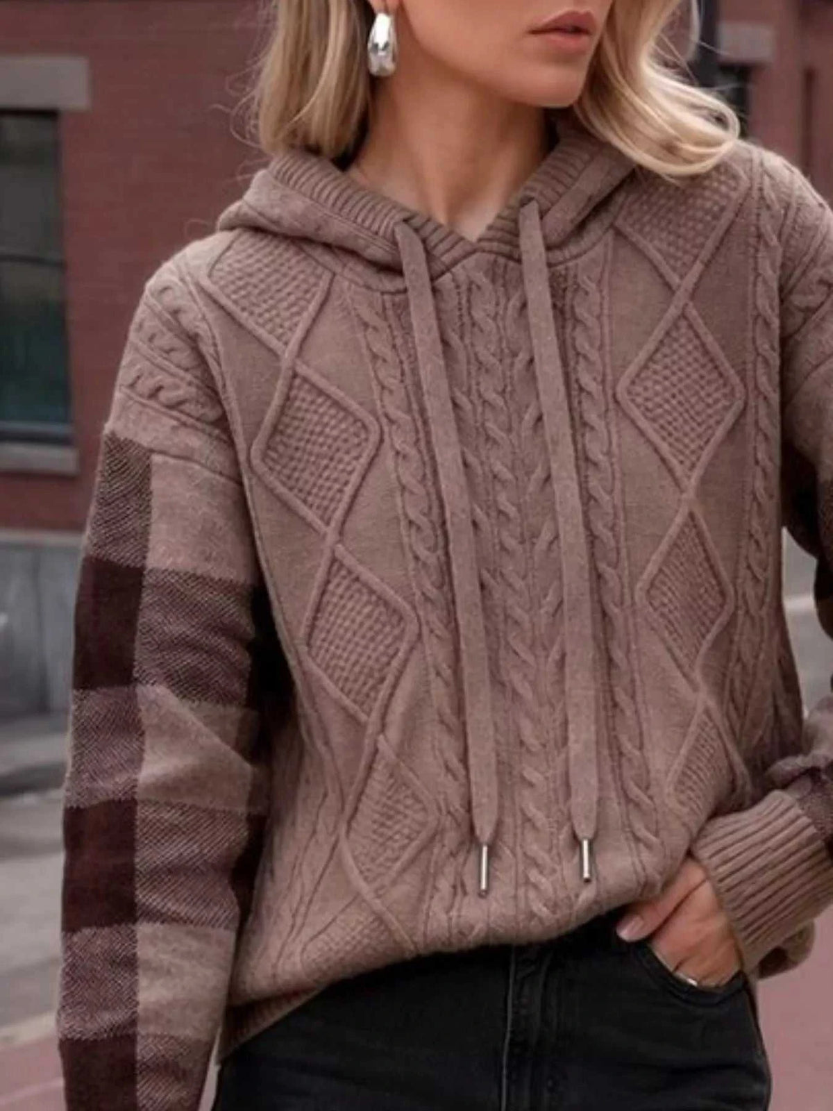 Cable-Knit Plaid Sleeves Hooded Sweater 101002546453697 40 Affordable Fashion Under $100 Jerry's Apparel 