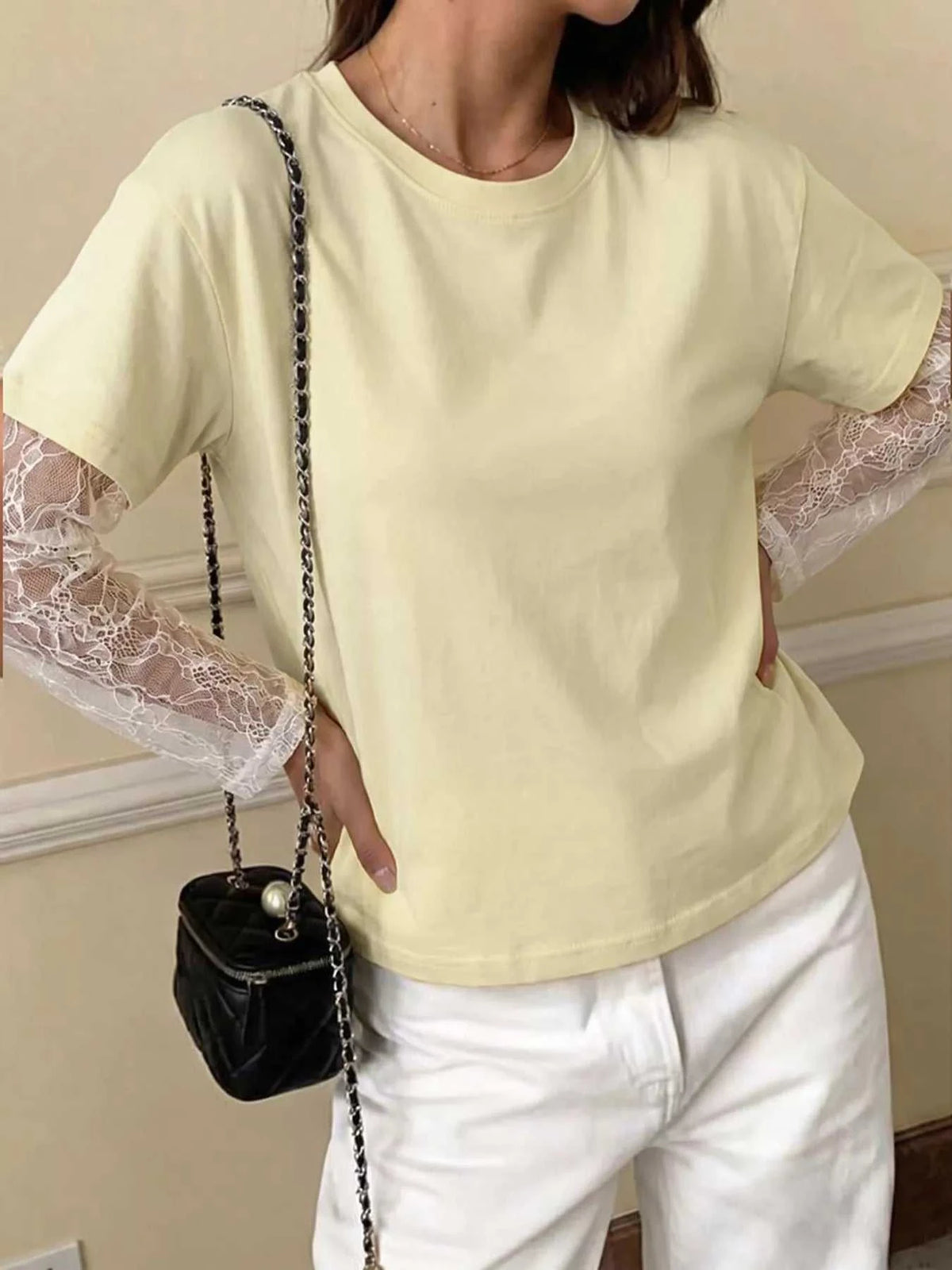 Lace Sleeve Round Neck T-Shirt 100100187372675 35 Affordable Fashion Under $100 Jerry's Apparel 