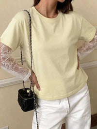 Lace Sleeve Round Neck T-Shirt 100100187372675 35 Affordable Fashion Under $100 Jerry's Apparel 
