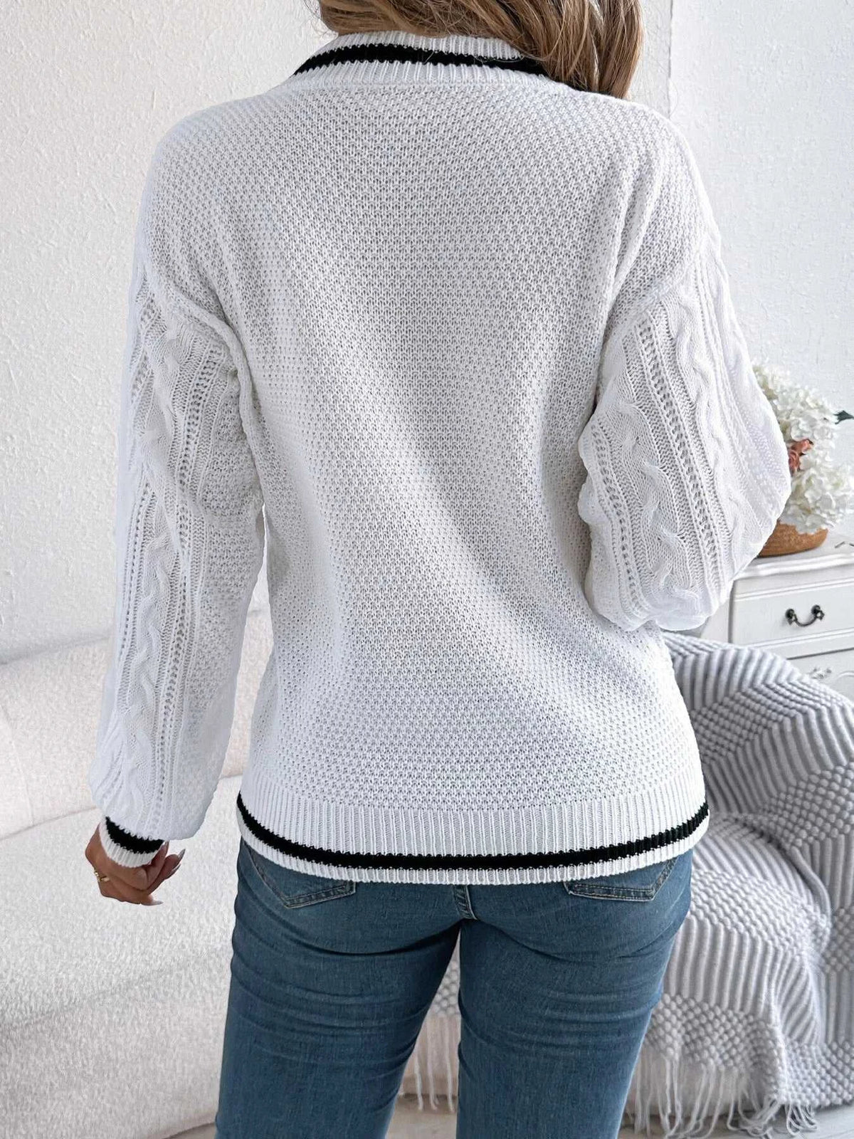 V-Neck Cable Knit Sweater with Striped Trim 101002502315459 35 Affordable Fashion Under $100 Jerry's Apparel 