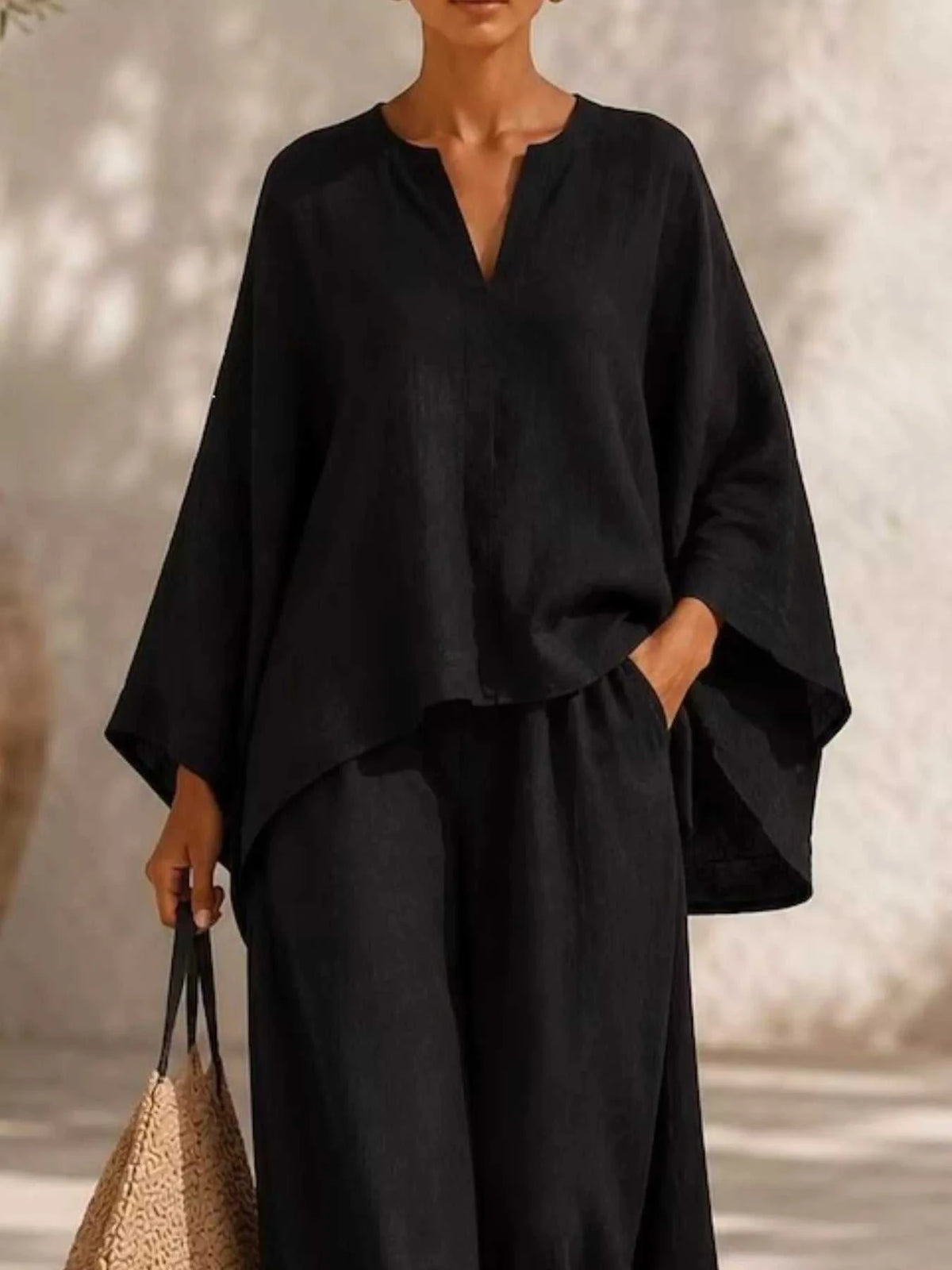 Full Size Notched Long Sleeve Top and Wide-Leg Pants Set Plus Size 100100051091822 45 Affordable Fashion Under $100 Jerry's Apparel 