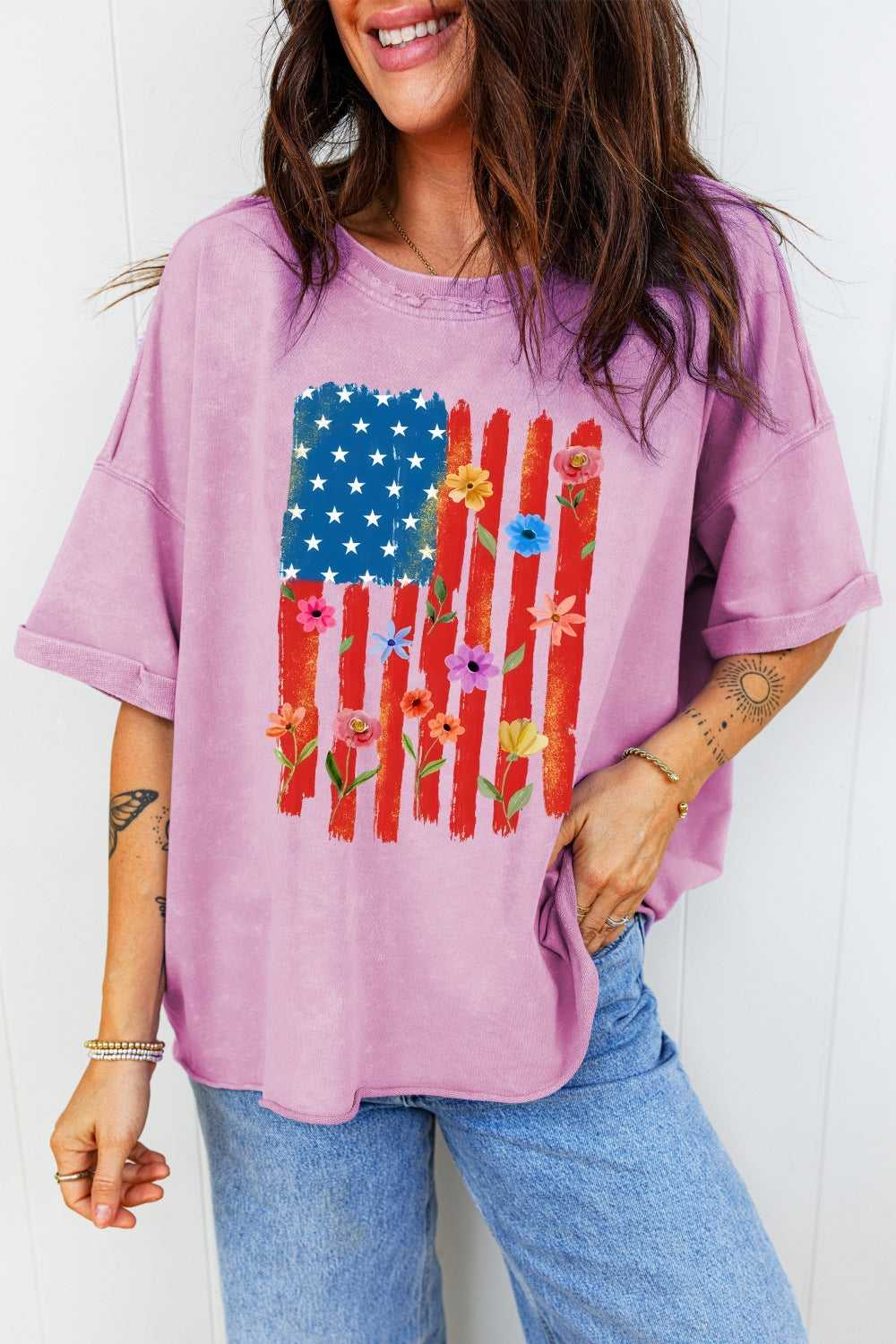 Floral American Flag Printed Raw Edge Cotton Tee 100100204962203 54 Affordable Fashion Under $100 Jerry's Apparel 
