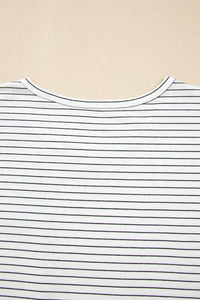Stripe Cap Sleeve Crew Neck Casual Tee with Chest Pocket