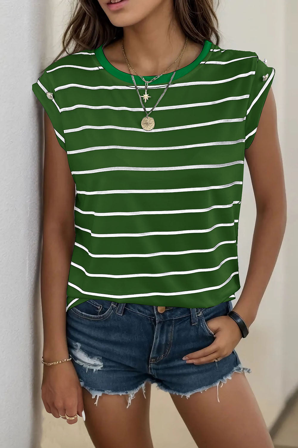 Decorative Button Round Neck T-Shirt