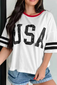 USA Letter Printed Varsity Striped Sleeve Round Neck Tee 100100104949167 30 Affordable Fashion Under $100 Jerry's Apparel 
