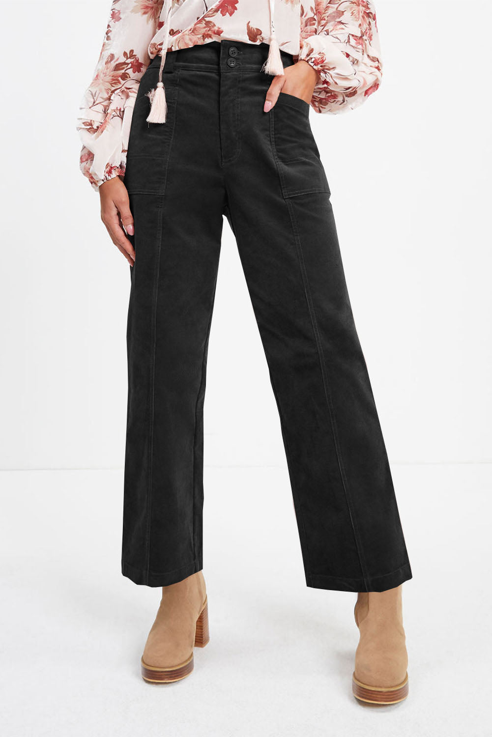 Half Elastic Waist Straight Pants