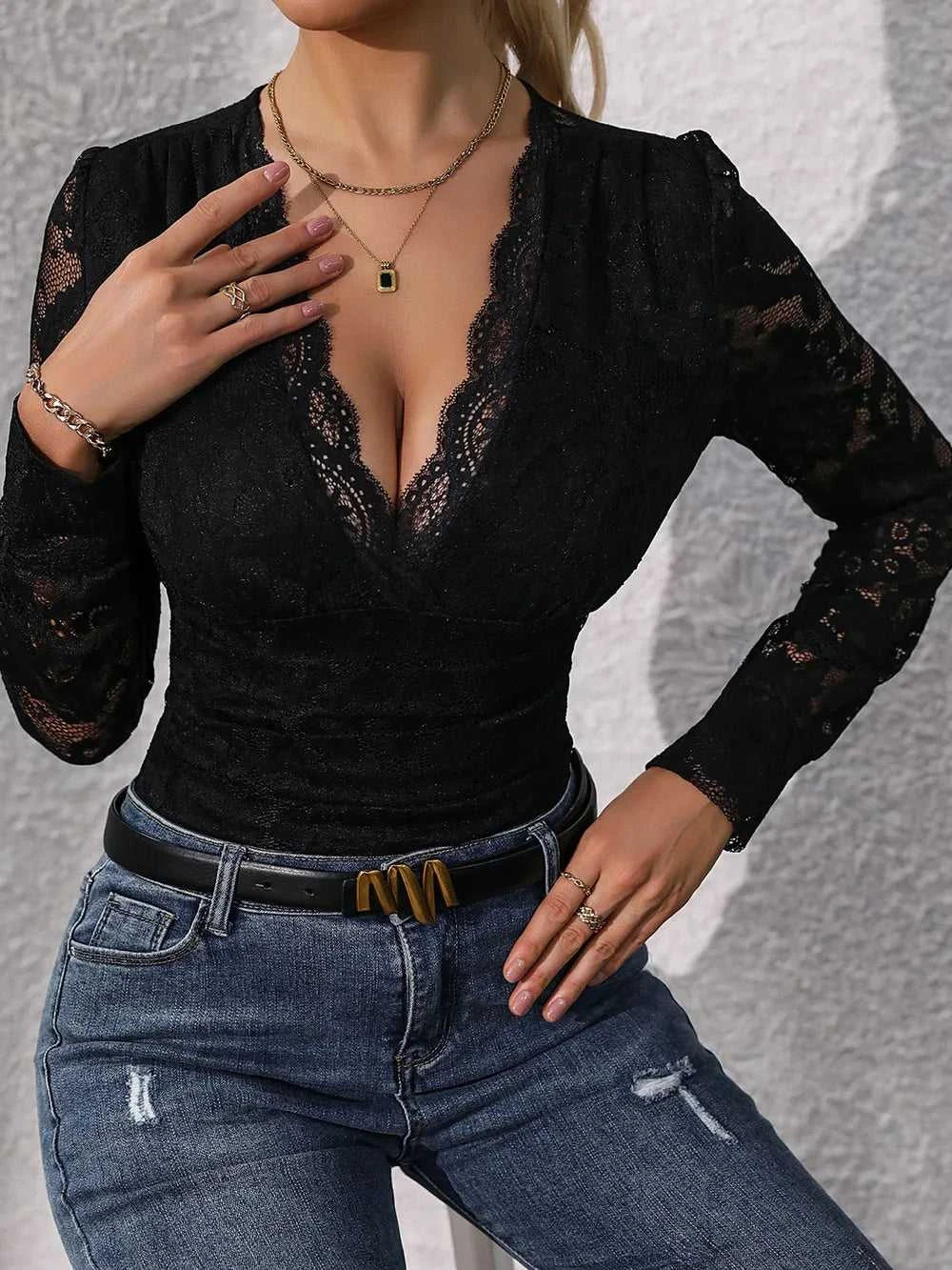 Perfee Lace Plunge Long Sleeve Bodysuit 100100909931065 29 Affordable Fashion Under $100 Jerry's Apparel 