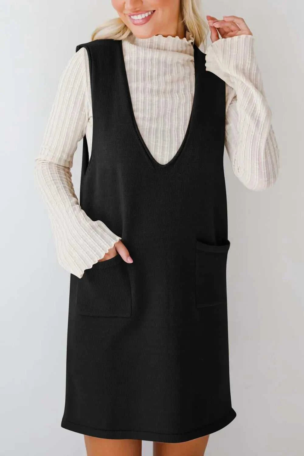Lovelet Pocketed V-Neck Mini Sweater Overall Dress 100100283761487 35 Affordable Fashion Under $100 Jerry's Apparel 