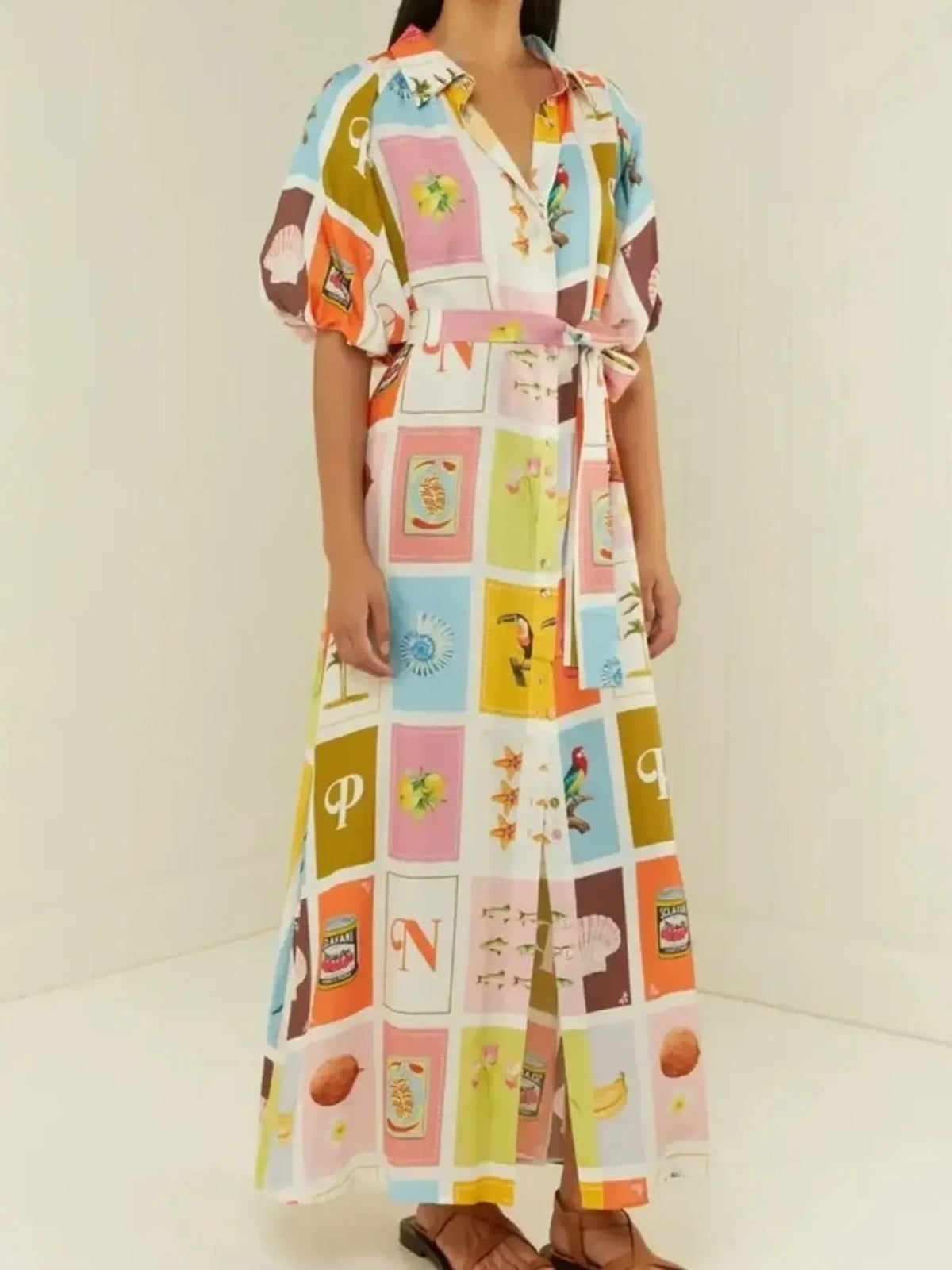 Colorful Print Tie Waist Maxi Shirt Dress