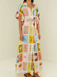Colorful Print Tie Waist Maxi Shirt Dress