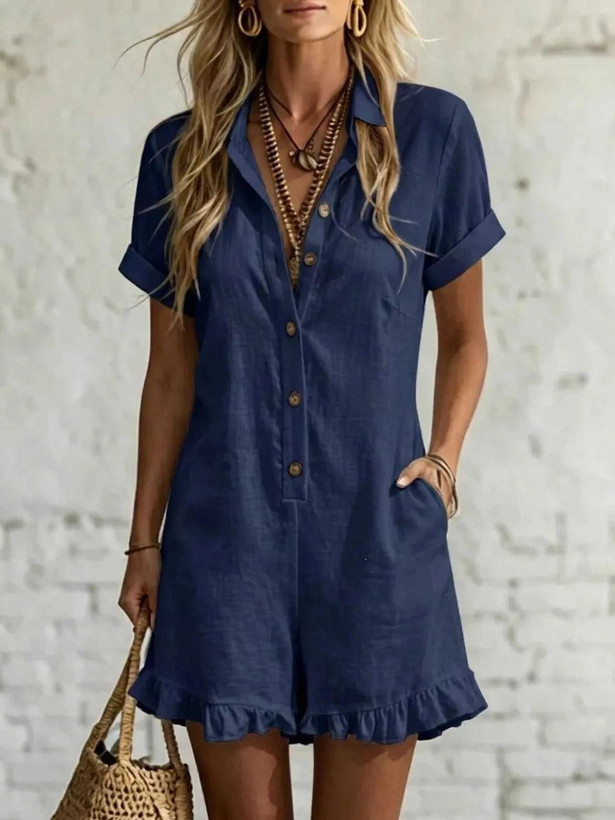 Full Size Button Front Ruffled Hem Romper Plus Size 100100561928017 28 Affordable Fashion Under $100 Jerry's Apparel 