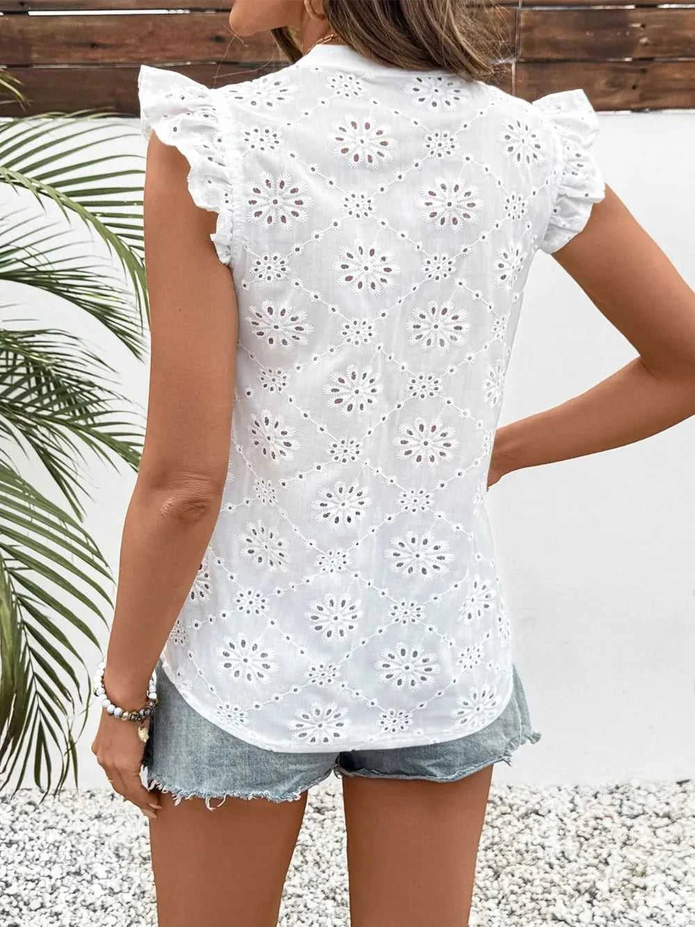 Perfee Eyelet Notched Ruffled Cap Sleeve Blouse 100100471991129 27 Affordable Fashion Under $100 Jerry's Apparel 