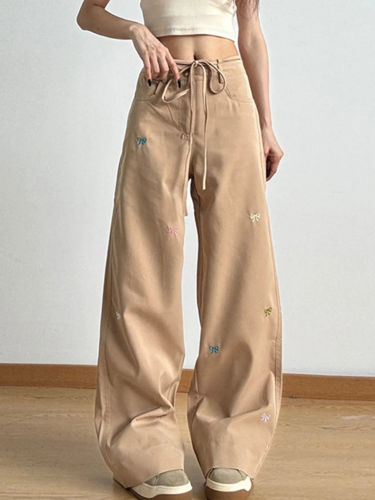 Bow Embroidered Wide Leg Drawstring Casual Pants