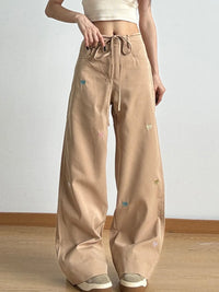 Bow Embroidered Wide Leg Drawstring Casual Pants