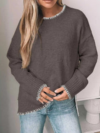 Slit Contrast Trim Round Neck Sweater 100100361481876 46 Affordable Fashion Under $100 Jerry's Apparel 