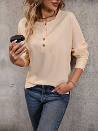 Perfee Round Neck Buttoned Slit Long Sleeve Top 100101019727902 37 Affordable Fashion Under $100 Jerry's Apparel 